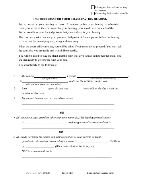 Form DC6:16.15 Instructions for Your Emancipation Hearing - Nebraska