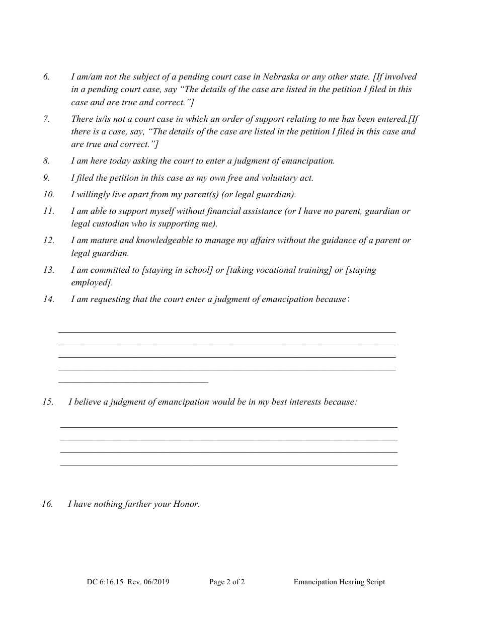 Form DC6:16.15 Instructions for Your Emancipation Hearing - Nebraska, Page 2