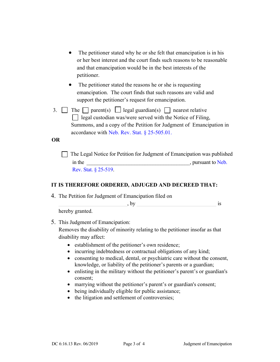 Form DC6:16.13 Judgment of Emancipation - Nebraska, Page 3