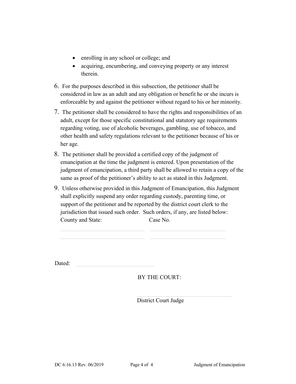 Form DC6:16.13 Judgment of Emancipation - Nebraska, Page 4