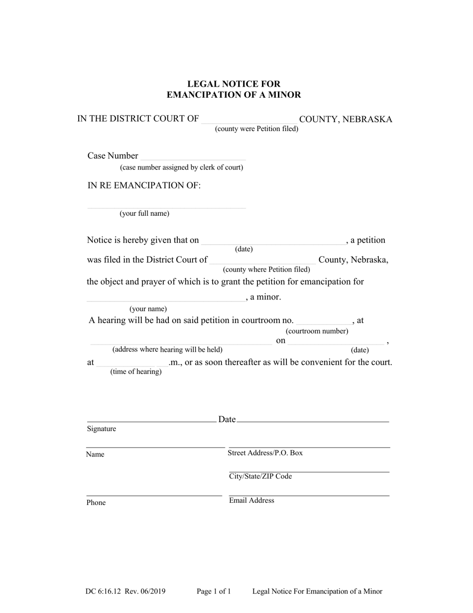Form DC6:16.12 Legal Notice for Emancipation of a Minor - Nebraska, Page 1