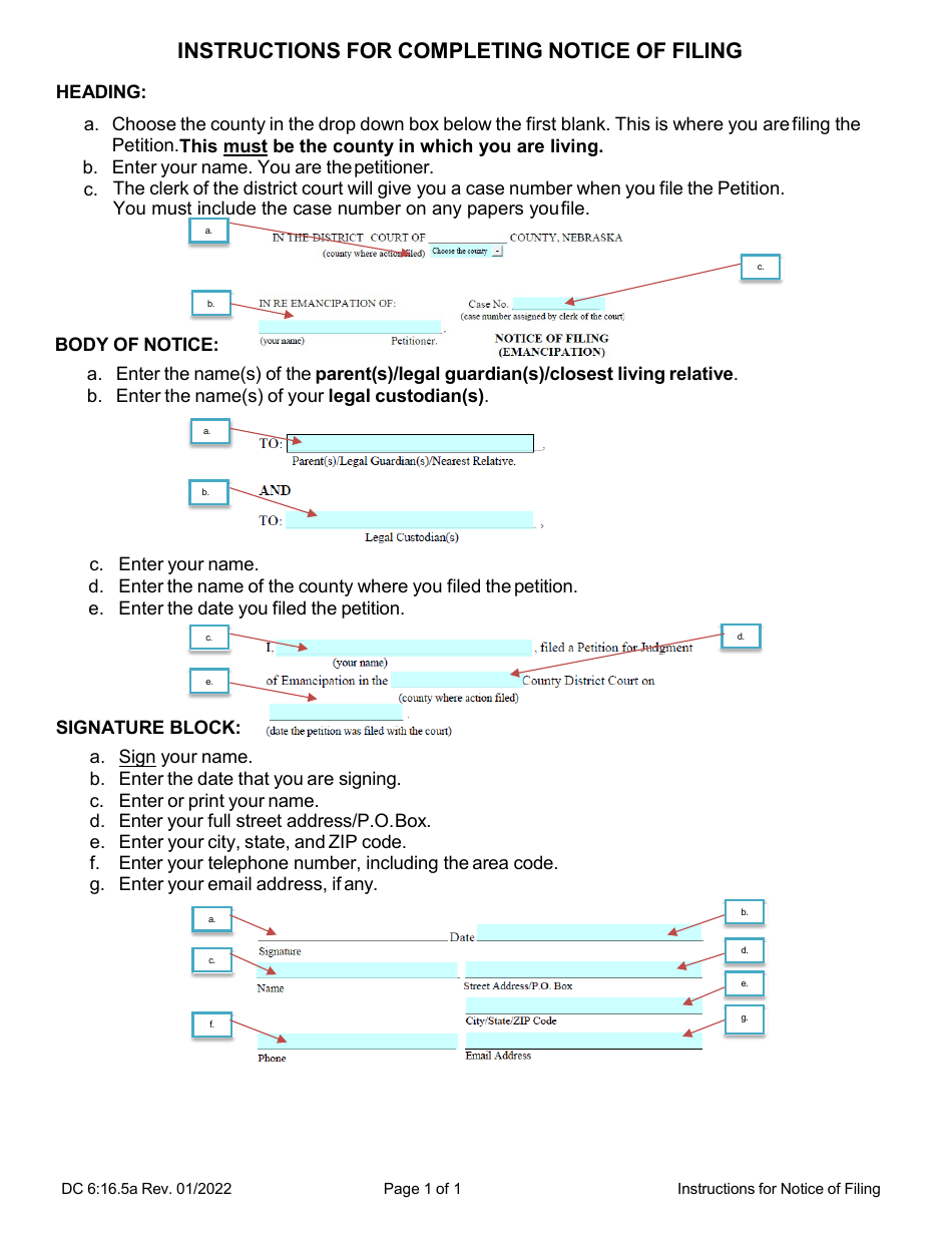 Instructions for Form DC6:16.5 Notice of Filing (Emancipation) - Nebraska, Page 1