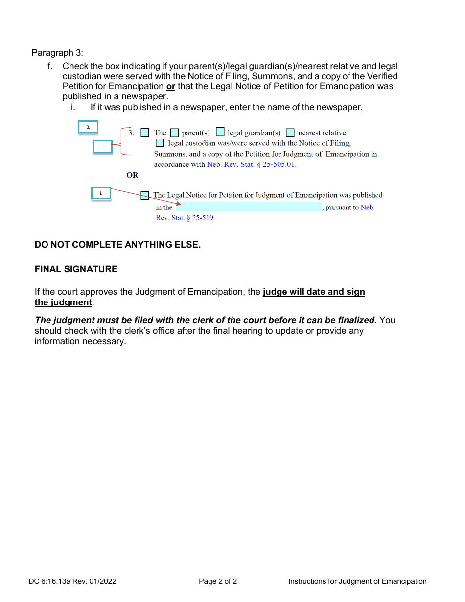 Instructions for Form DC6:16.13 Judgment of Emancipation - Nebraska, Page 2