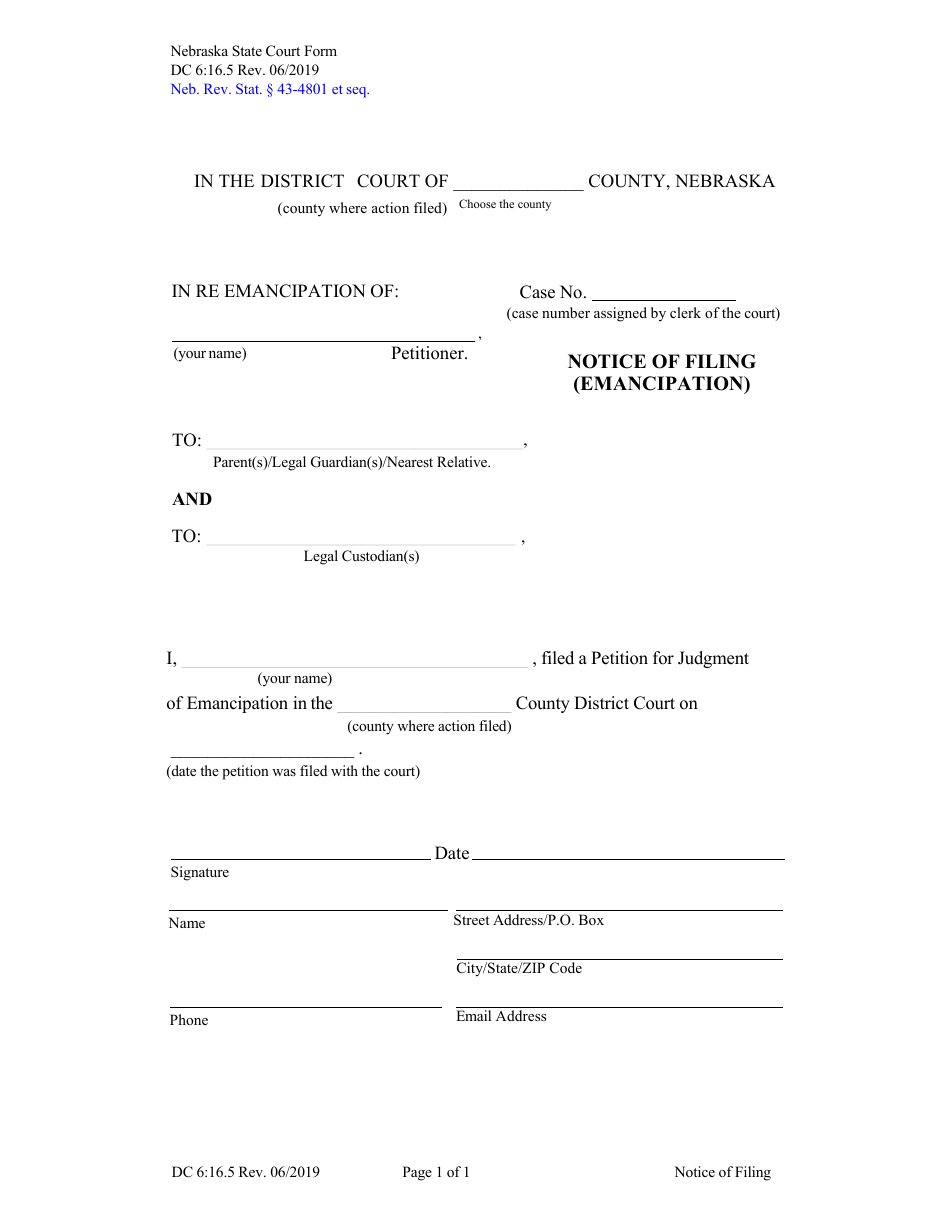 Form DC6:16.5 Notice of Filing (Emancipation) - Nebraska, Page 1