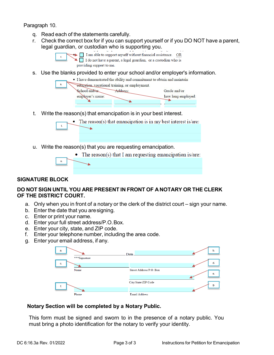 Instructions for Form DC6:16.3 Petition for Judgment of Emancipation - Nebraska, Page 3