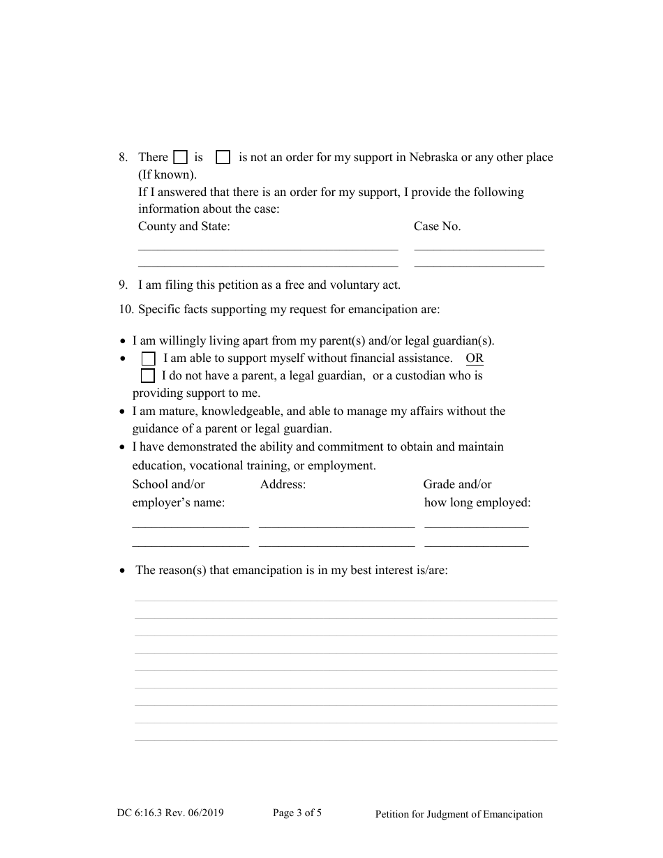 Form DC6:16.3 Petition for Judgment of Emancipation - Nebraska, Page 3