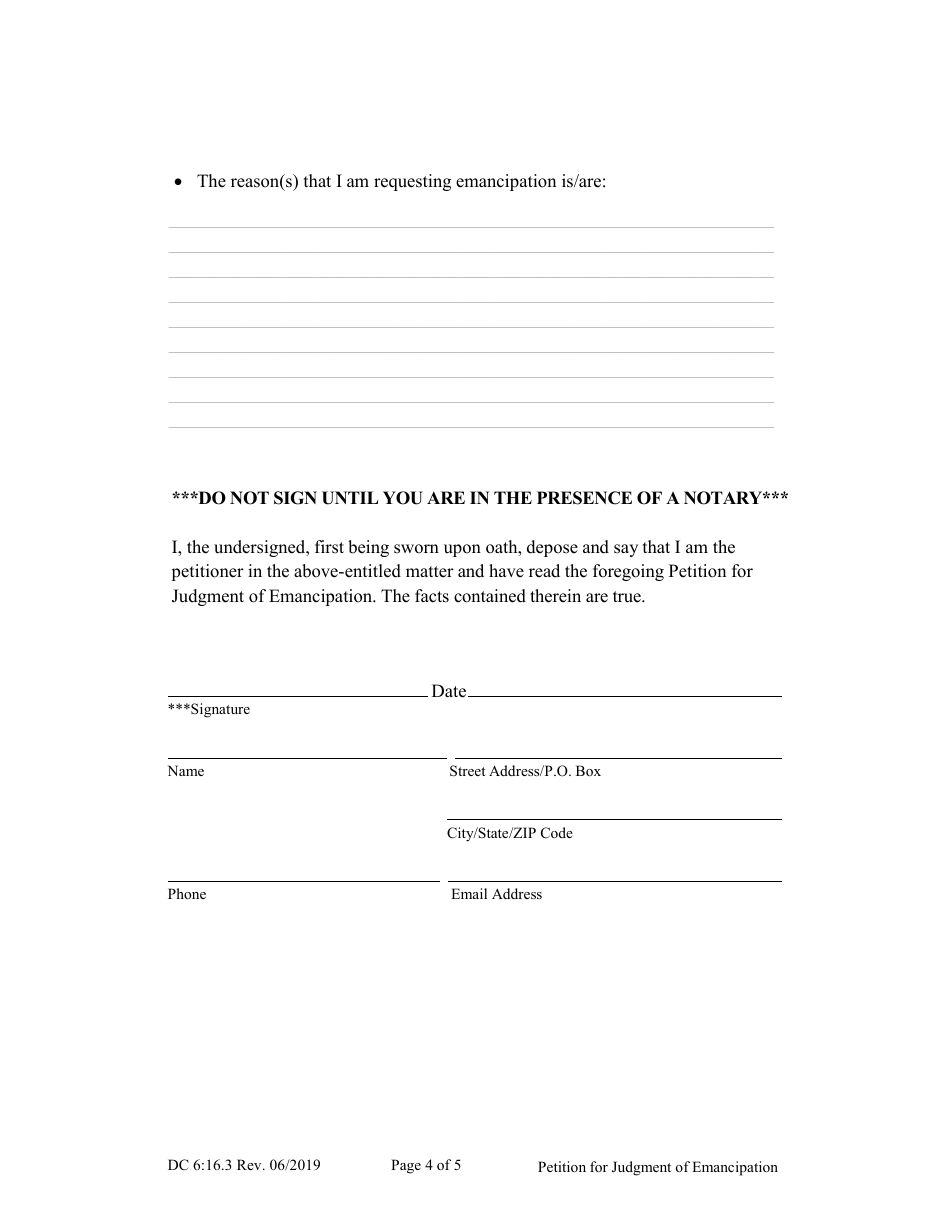 Form DC6:16.3 Petition for Judgment of Emancipation - Nebraska, Page 4