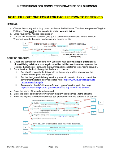 Instructions for Form DC6:16.4 Praecipe for Summons (Emancipation) - Nebraska