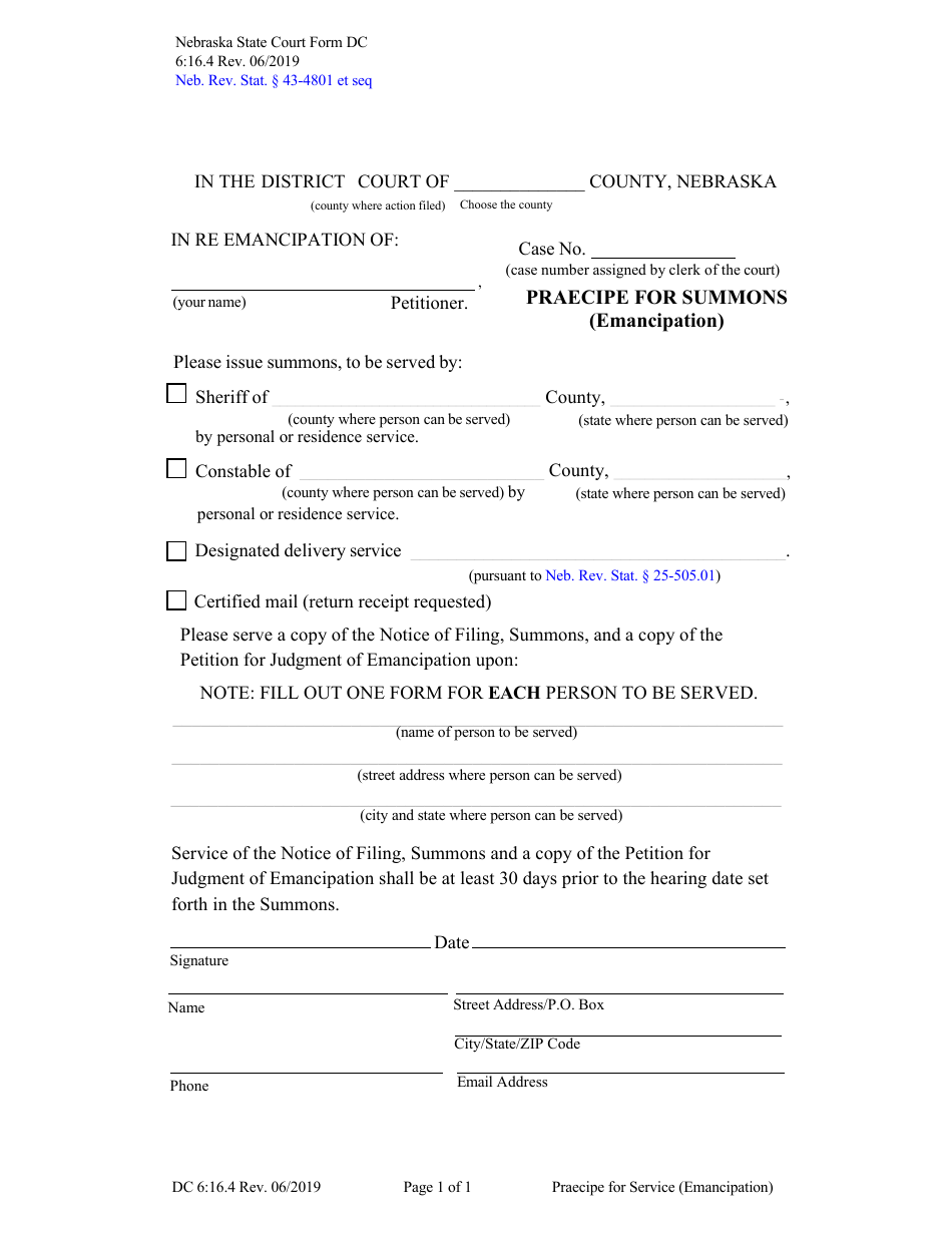 Form DC6:16.4 Praecipe for Summons (Emancipation) - Nebraska, Page 1