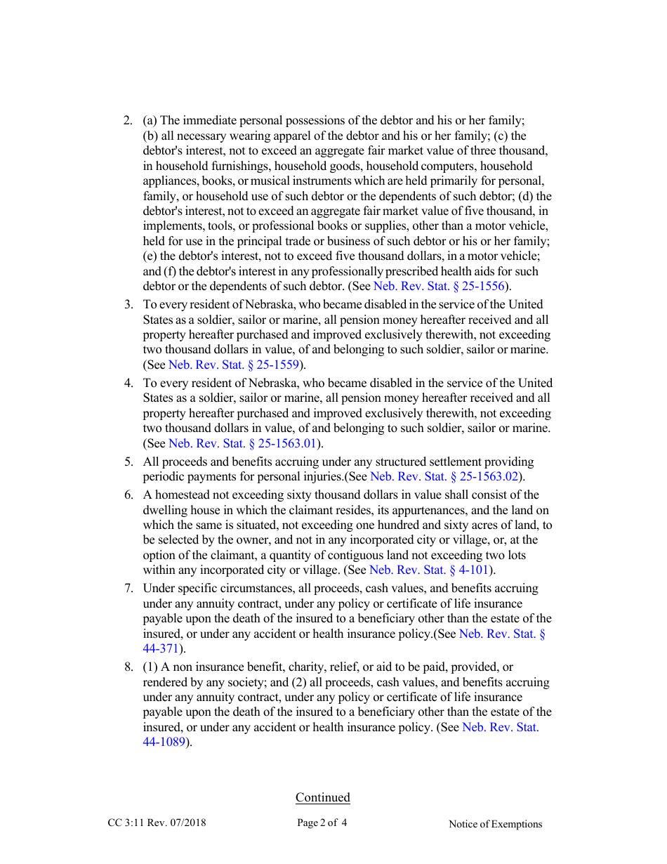 Form CC3:11 Execution - Notice of Exemptions - Nebraska, Page 2