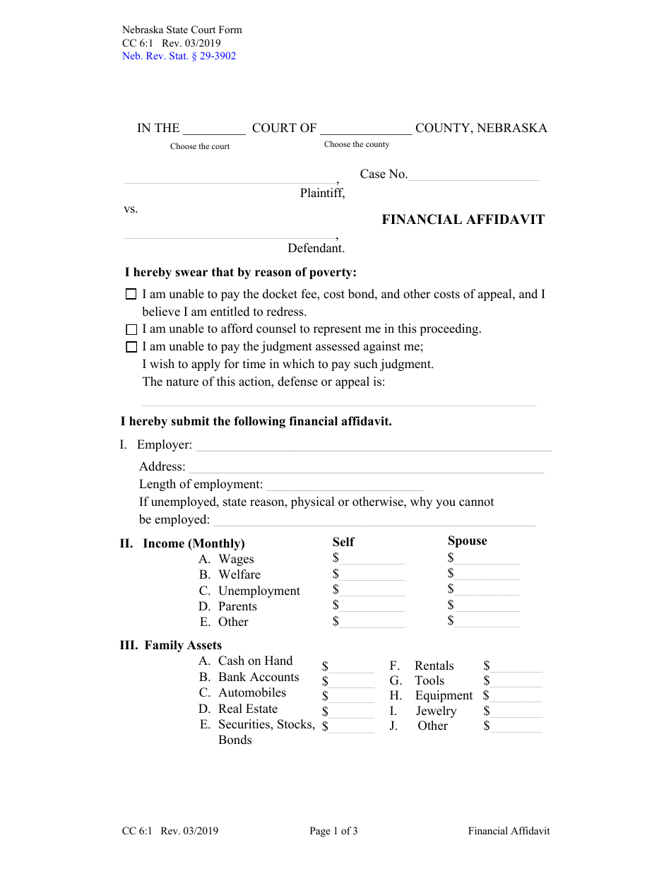 Form CC6:1 Financial Affidavit - Nebraska, Page 1