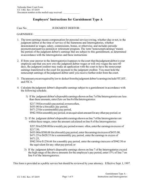 Form CC3:8G Garnishment Type a - Instructions and Interrogatories - Nebraska