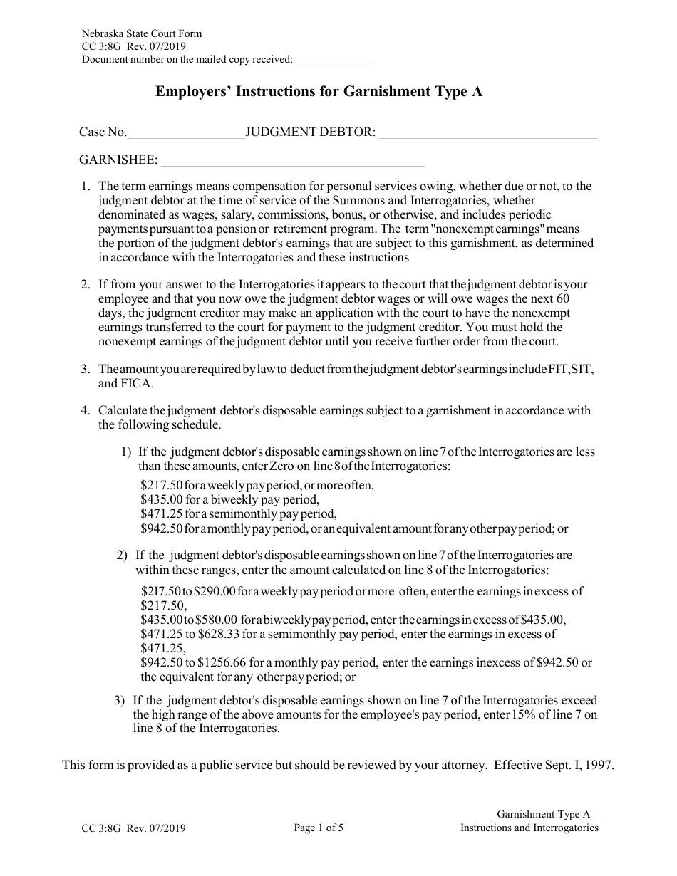 Form CC3:8G Garnishment Type a - Instructions and Interrogatories - Nebraska, Page 1