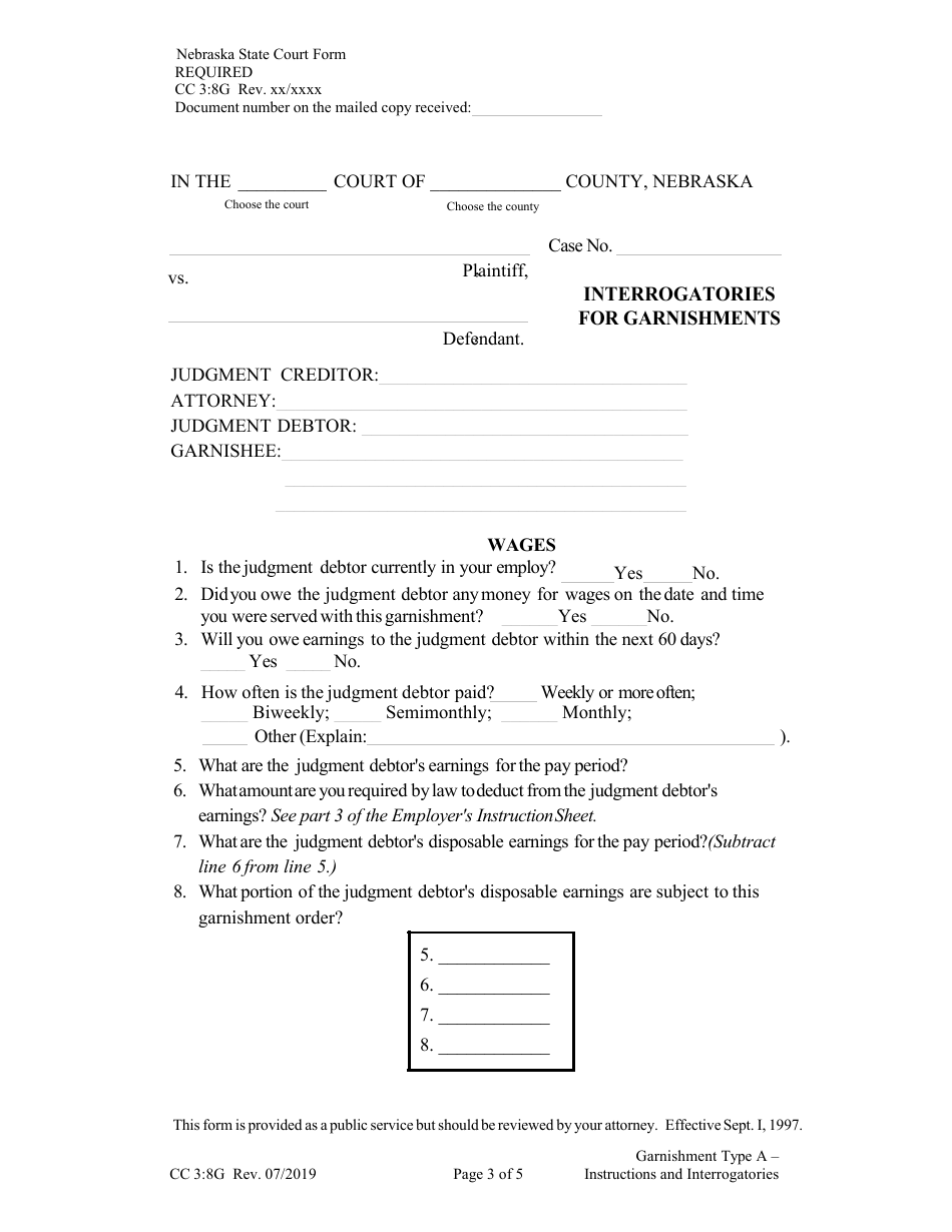 Form CC3:8G Garnishment Type a - Instructions and Interrogatories - Nebraska, Page 3