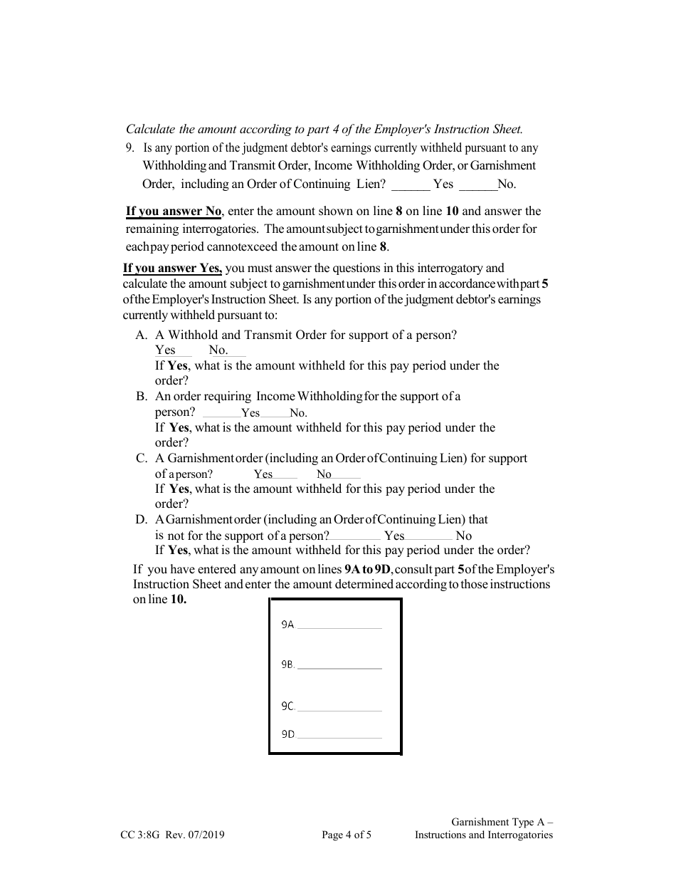 Form CC3:8G Garnishment Type a - Instructions and Interrogatories - Nebraska, Page 4