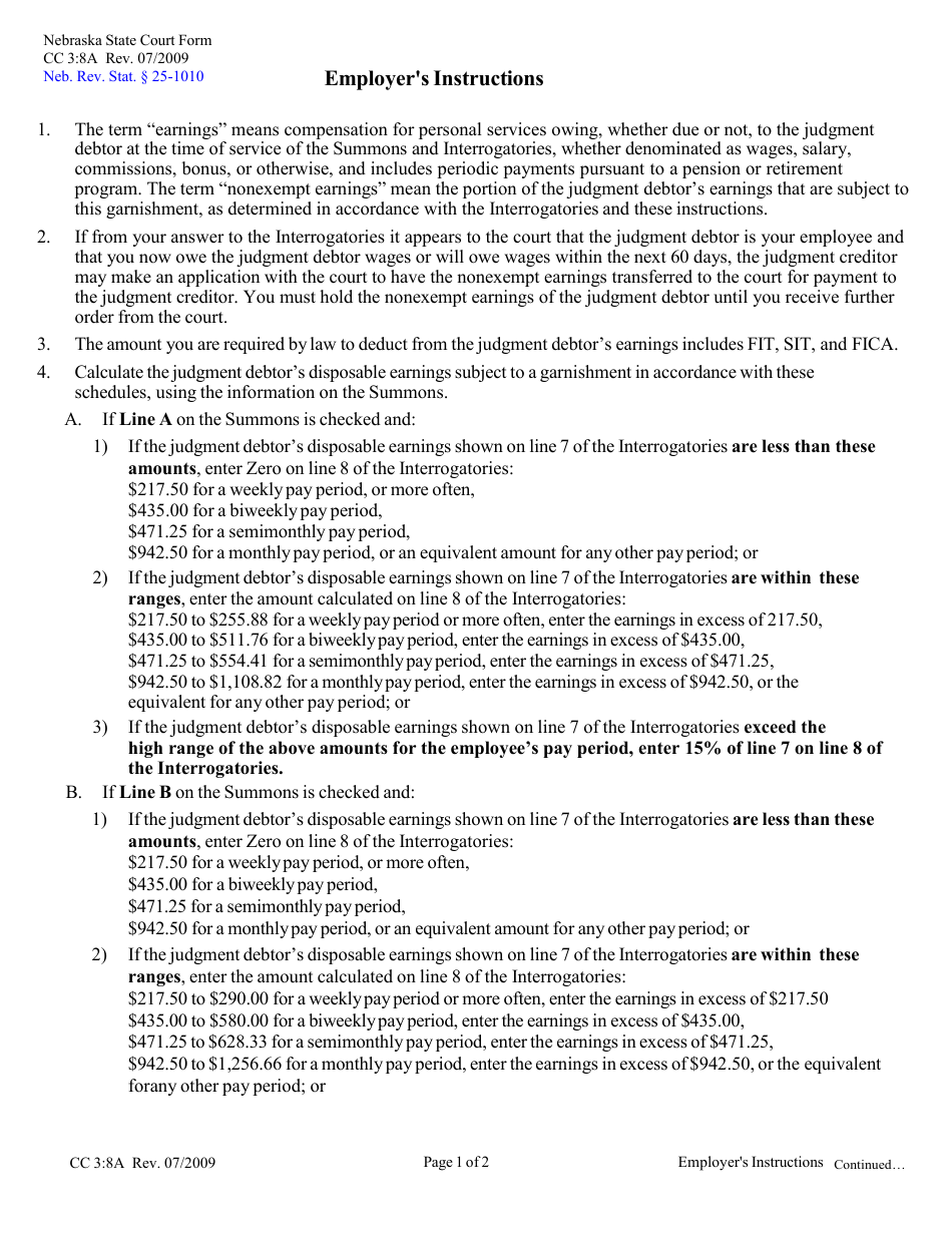 Form CC3:8A Employers Instructions - Nebraska, Page 1