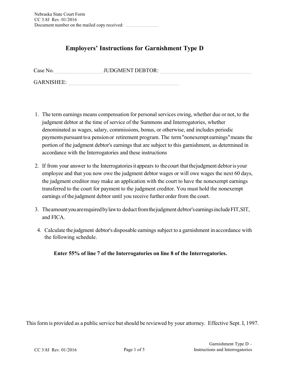 Form CC3:8J Garnishment Type D - Instructions and Interrogatories - Nebraska, Page 1