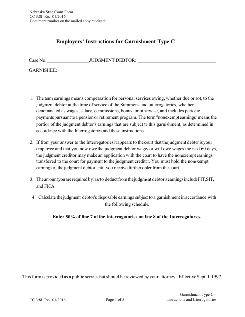 Form CC3:8I Garnishment Type C - Instructions and Interrogatories - Nebraska