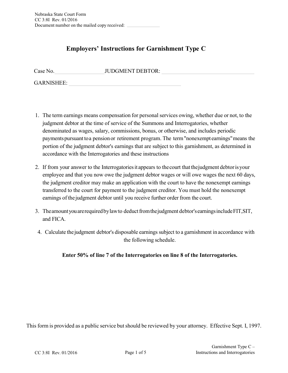 Form CC3:8I Garnishment Type C - Instructions and Interrogatories - Nebraska, Page 1