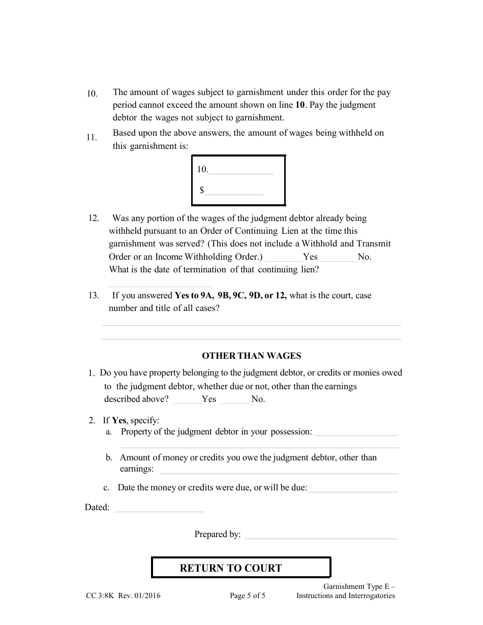 Form CC3:8K Garnishment Type E - Instructions and Interrogatories - Nebraska, Page 5