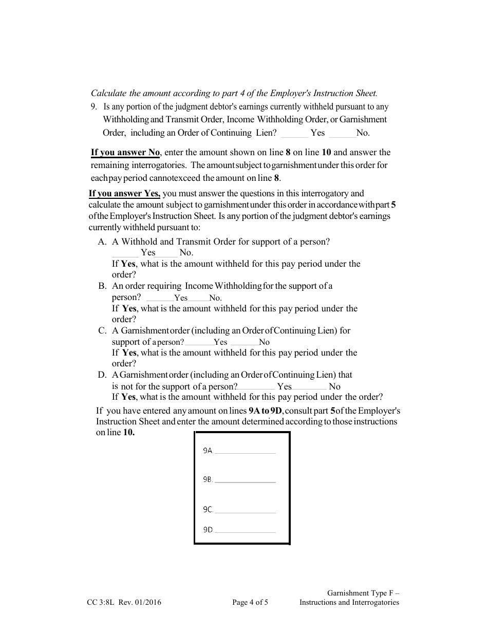 Form CC3:8L Garnishment Type F - Instructions and Interrogatories - Nebraska, Page 4