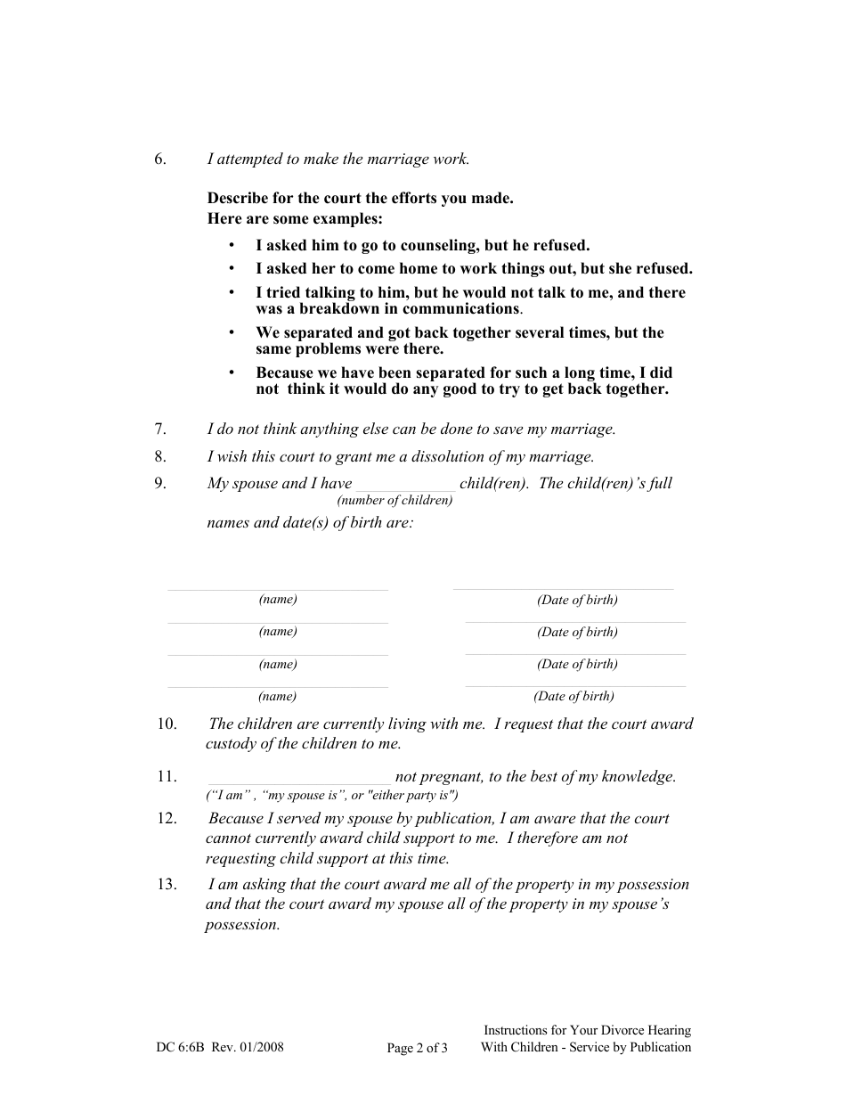 Form DC6:6B Instructions for Your Divorce Hearing With Children - Service by Publication - Nebraska, Page 2