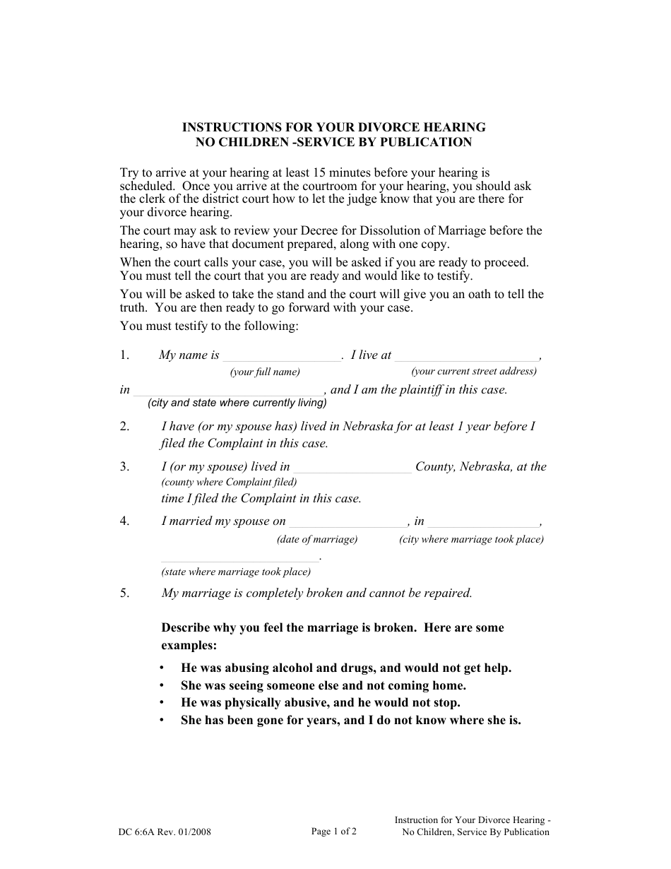 Form DC6:6A Instructions for Your Divorce Hearing - No Children - Service by Publication - Nebraska, Page 1