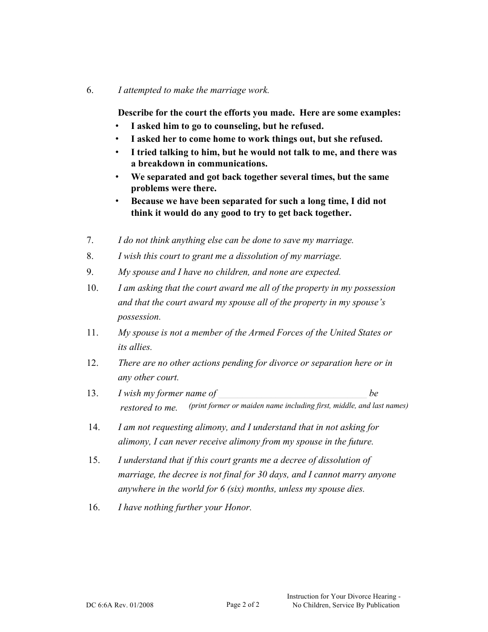 Form DC6:6A Instructions for Your Divorce Hearing - No Children - Service by Publication - Nebraska, Page 2