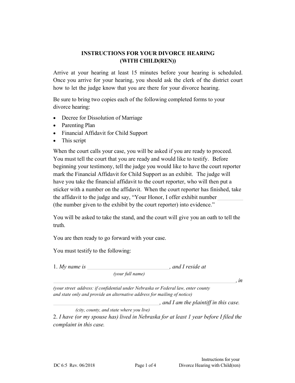 Form DC6:5 Instructions for Your Divorce Hearing (With Child(Ren)) - Nebraska, Page 1