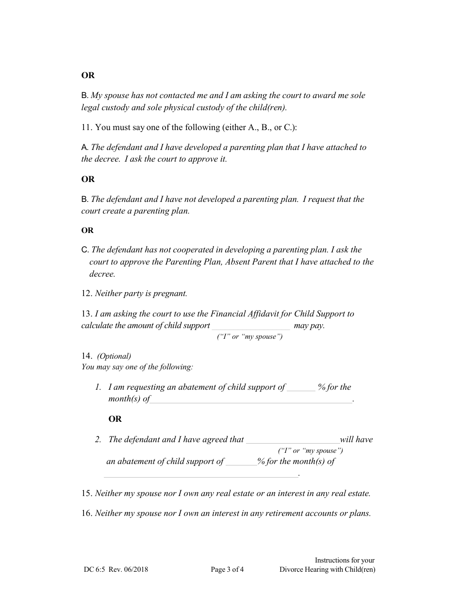 Form DC6:5 Instructions for Your Divorce Hearing (With Child(Ren)) - Nebraska, Page 3
