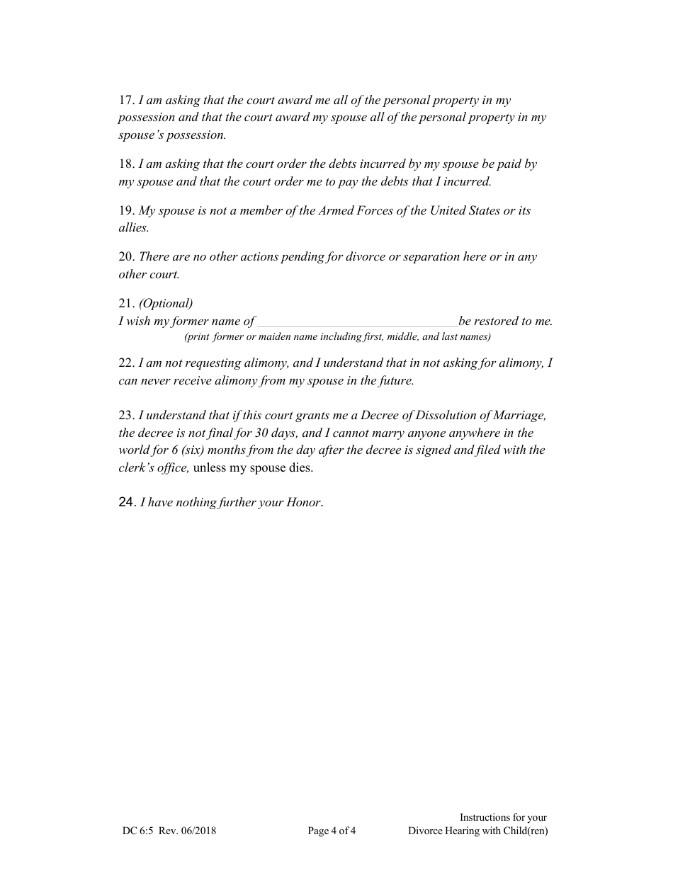 Form DC6:5 Instructions for Your Divorce Hearing (With Child(Ren)) - Nebraska, Page 4