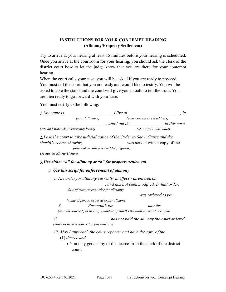 Form DC6:5.44 Instructions for Your Contempt Hearing (Alimony / Property Settlement) - Nebraska, Page 1