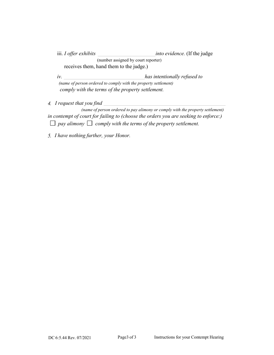 Form DC6:5.44 Instructions for Your Contempt Hearing (Alimony / Property Settlement) - Nebraska, Page 3