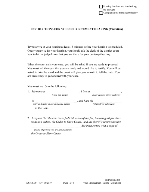 Form DC6:5.30 Instructions for Your Enforcement Hearing (Visitation) - Nebraska