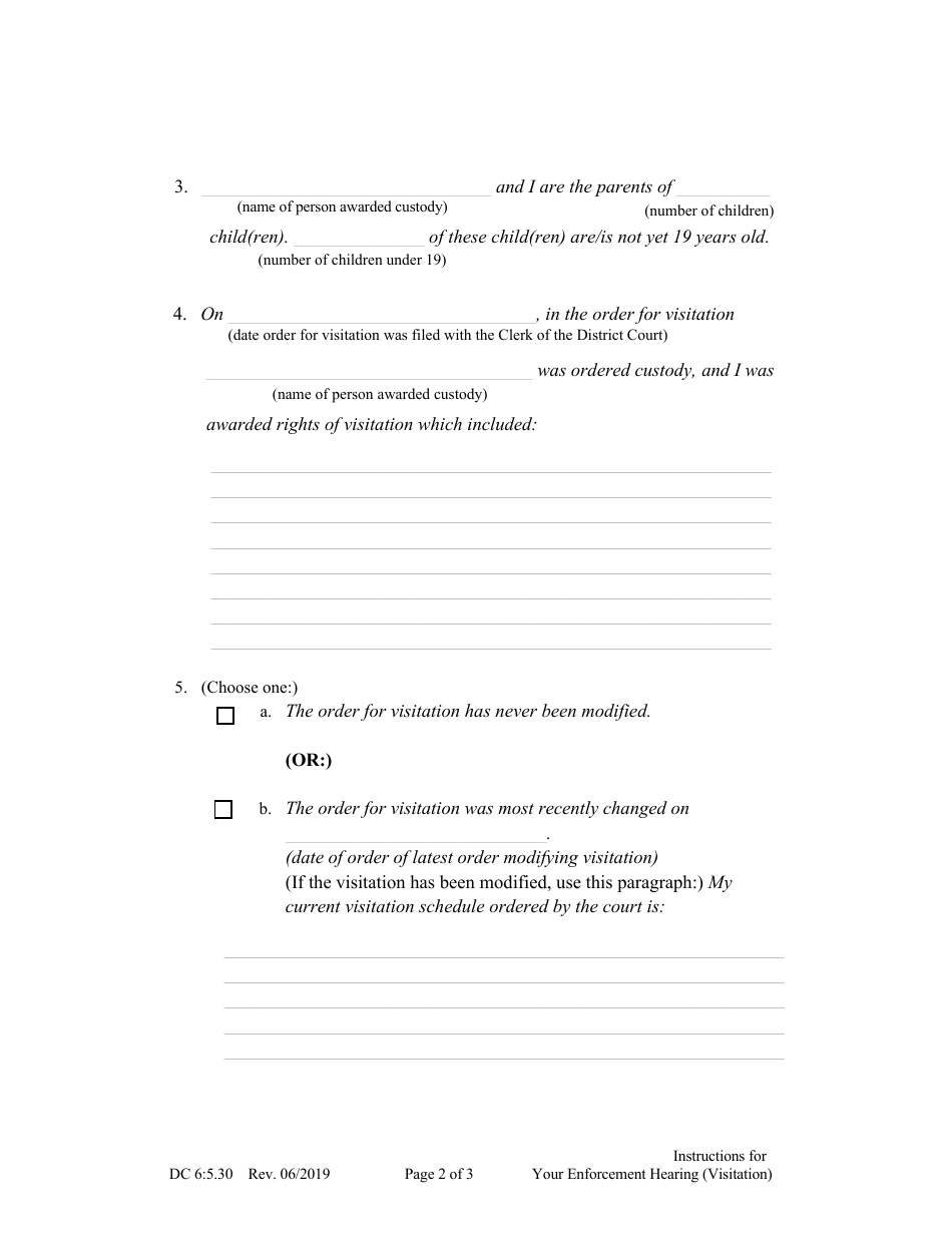 Form DC6:5.30 Instructions for Your Enforcement Hearing (Visitation) - Nebraska, Page 2