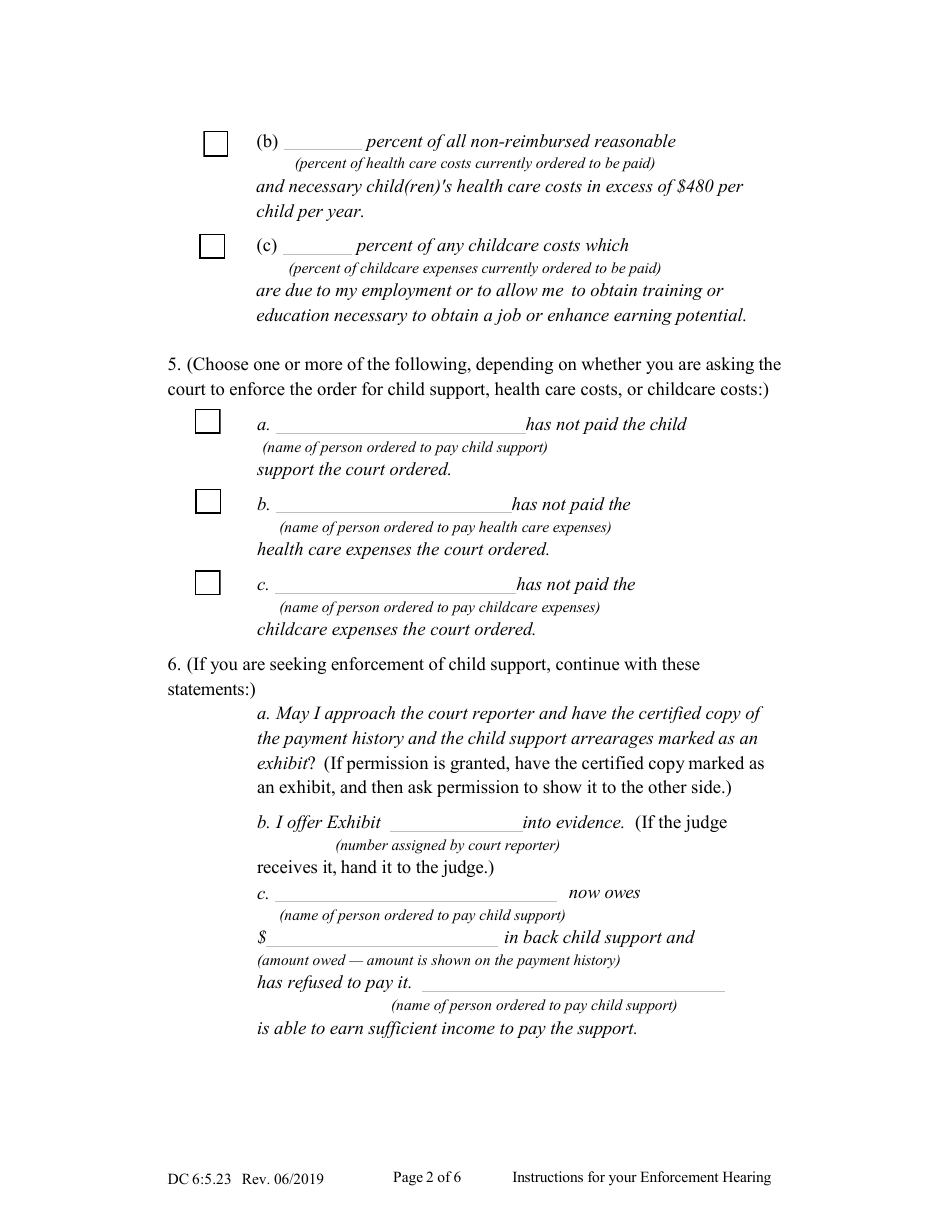 Form DC6:5.23 Instructions for Your Enforcement Hearing (Child Support, Health Care Expenses, Childcare Expenses) - Nebraska, Page 2