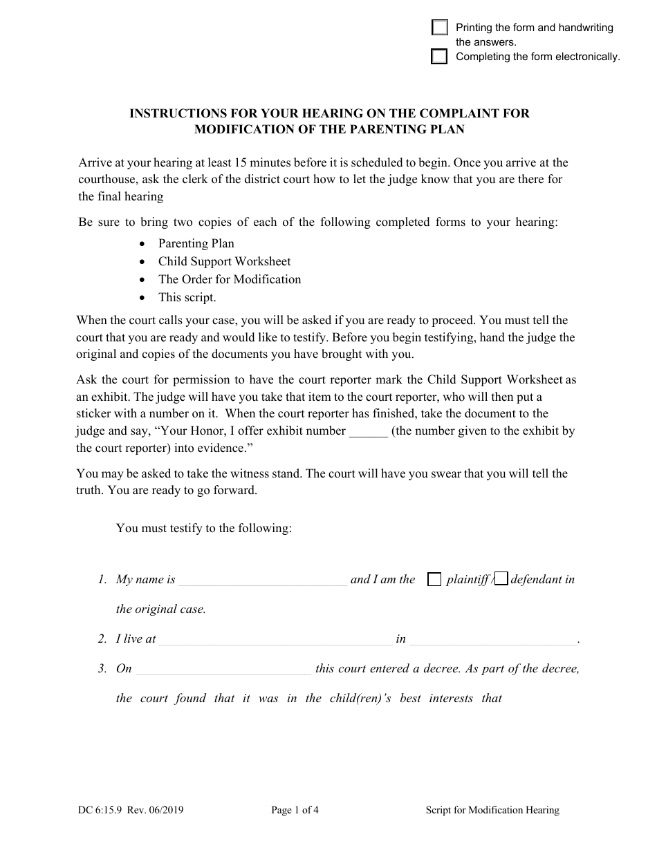 Form DC6:15.9 Instructions for Your Hearing on the Complaint for Modification of the Parenting Plan - Nebraska, Page 1
