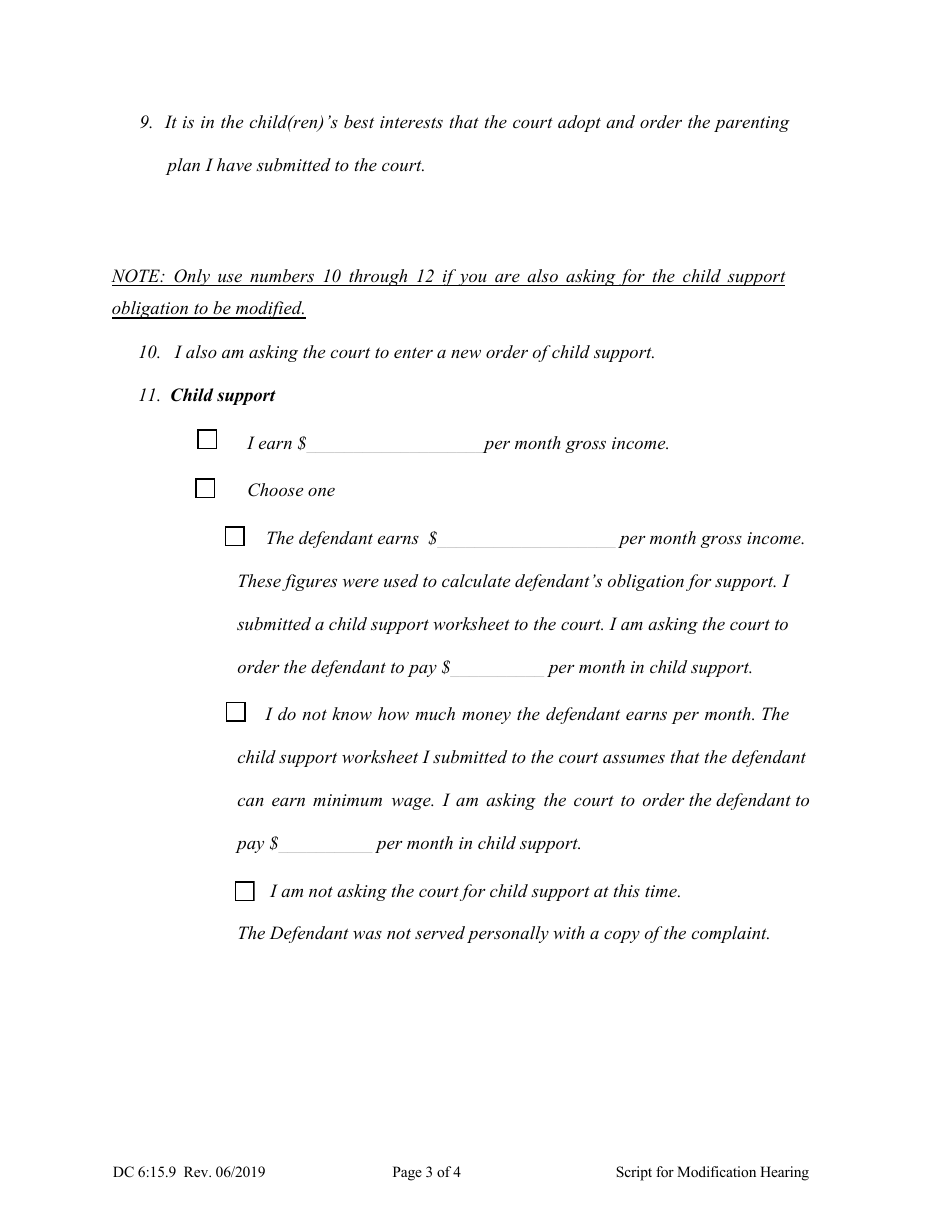 Form DC6:15.9 Instructions for Your Hearing on the Complaint for Modification of the Parenting Plan - Nebraska, Page 3