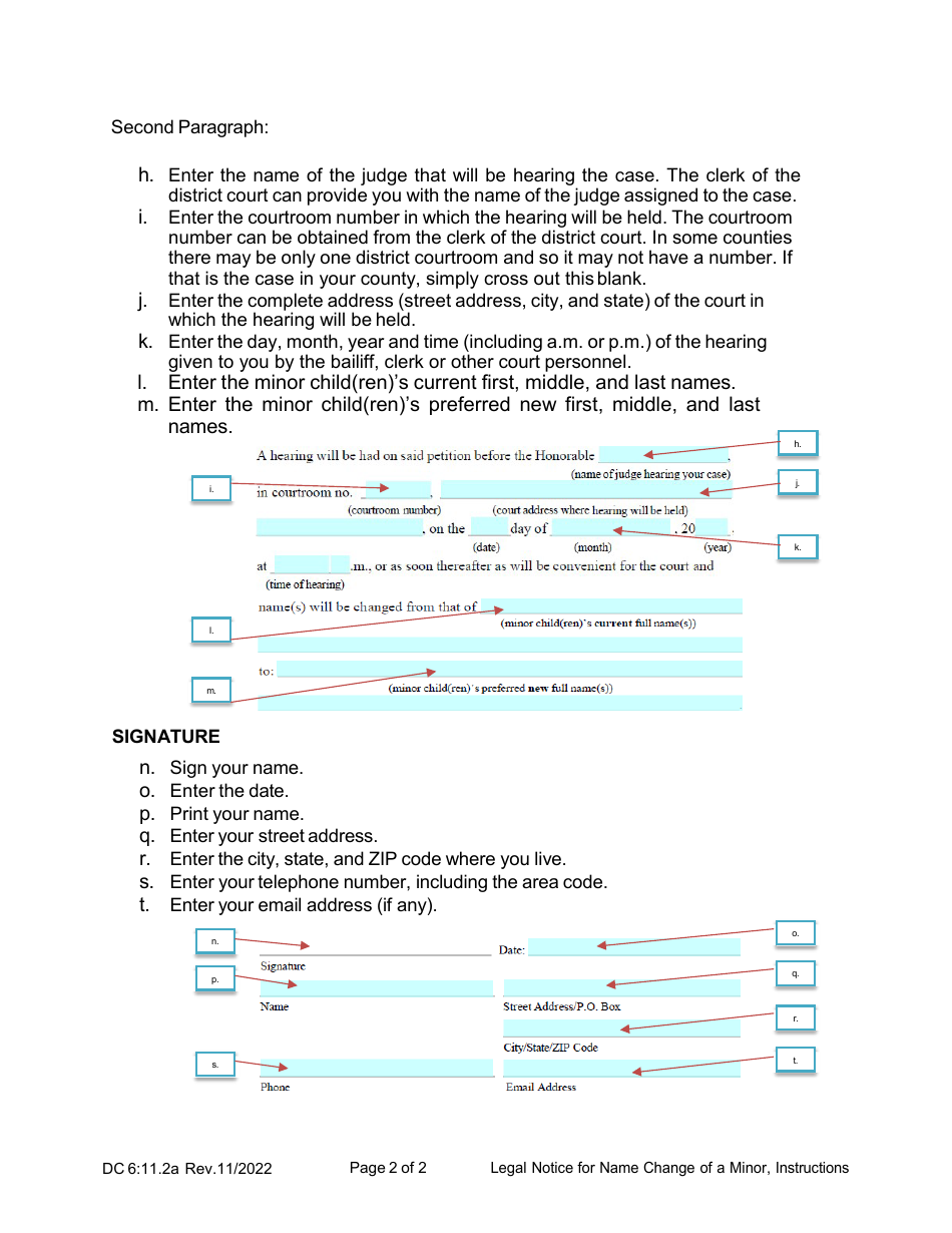 Instructions for Form DC6:11.2 Legal Notice for Name Change of a Minor Child or Children - Nebraska, Page 2