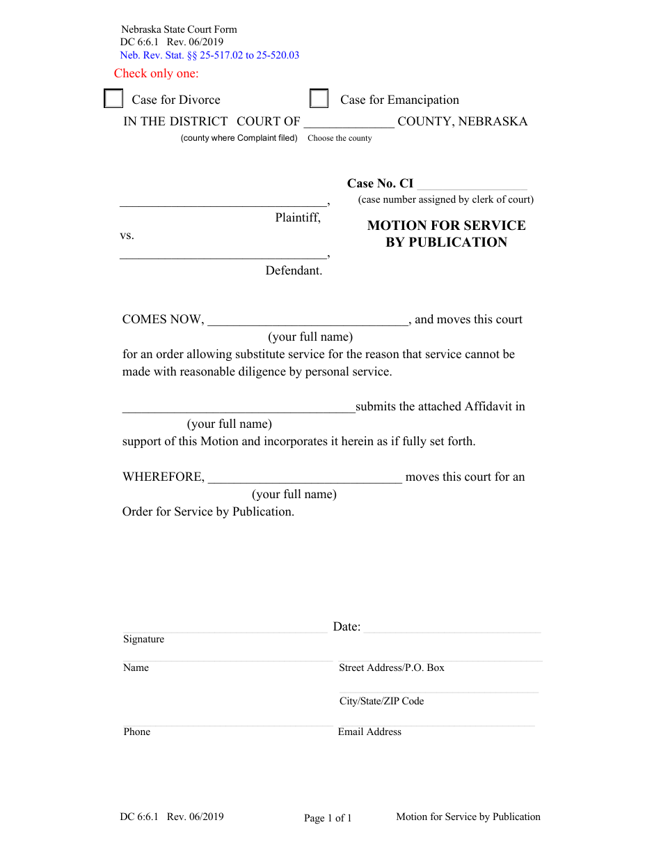 Form DC6:6.1 Motion for Service by Publication - Nebraska, Page 1