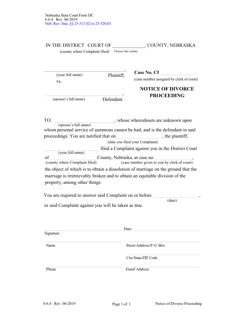 Form DC6:6.4 Notice of Divorce Proceeding - Nebraska, Page 1