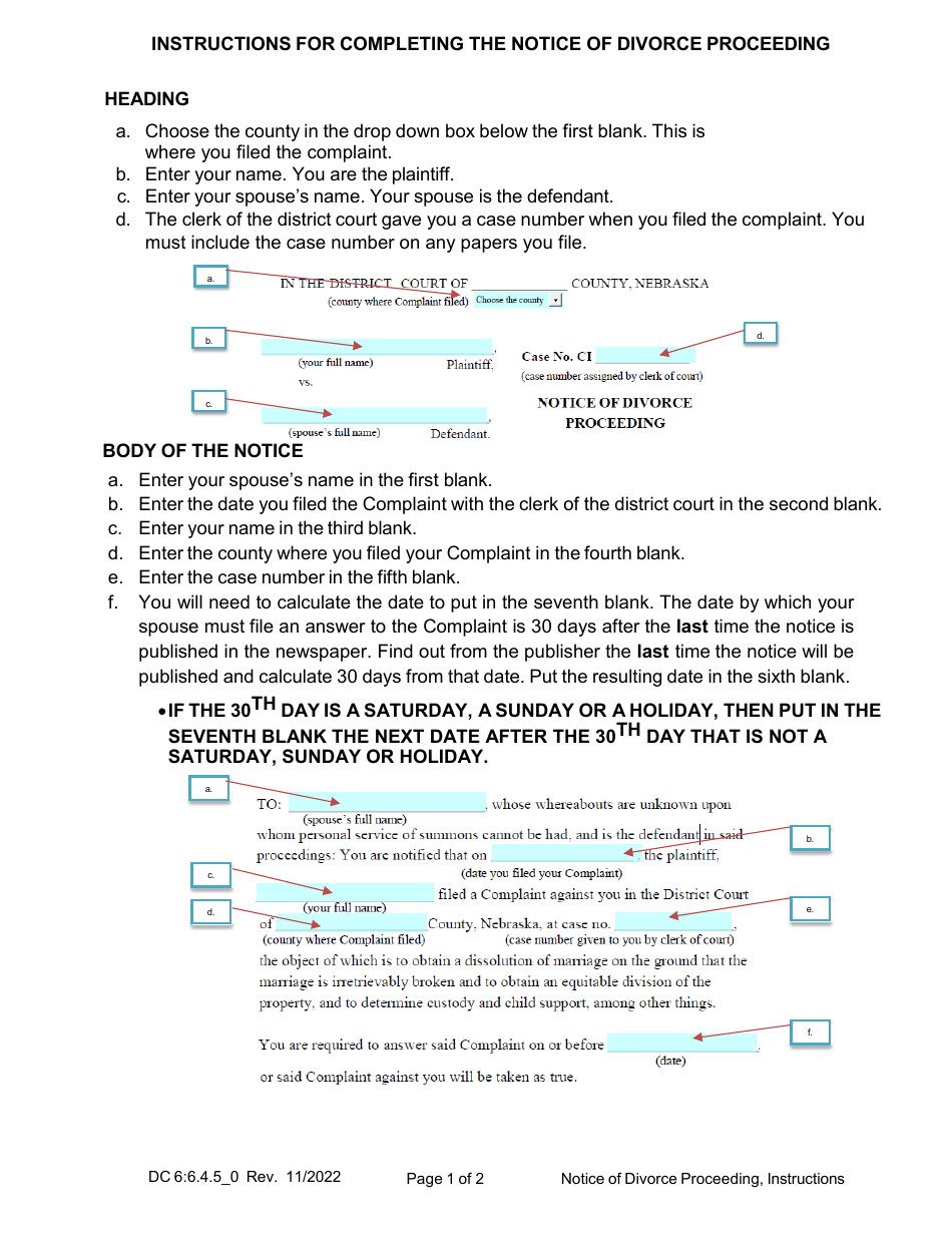 Instructions for Form DC6:6.4 Notice of Divorce Proceeding - Nebraska, Page 1