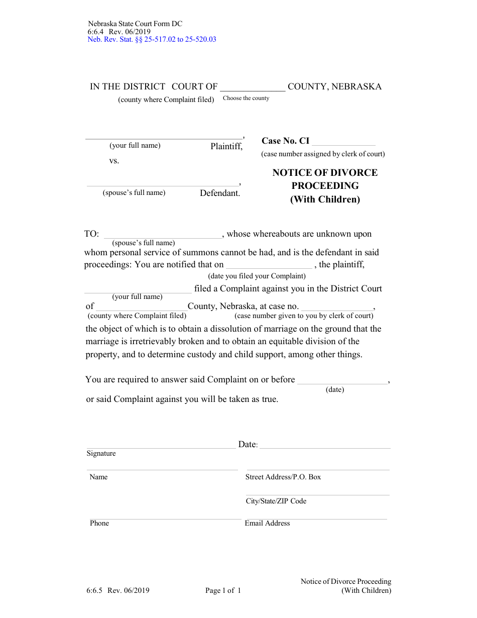 Form DC6:6.5 Notice of Divorce Proceeding (With Children) - Nebraska, Page 1