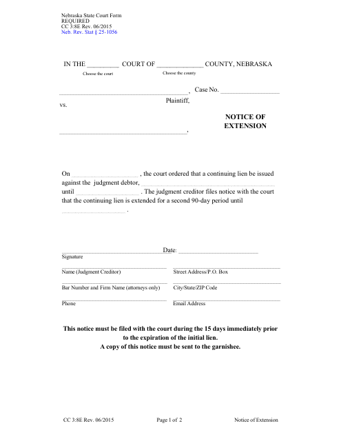 Form CC3:8E Notice of Extension - Nebraska