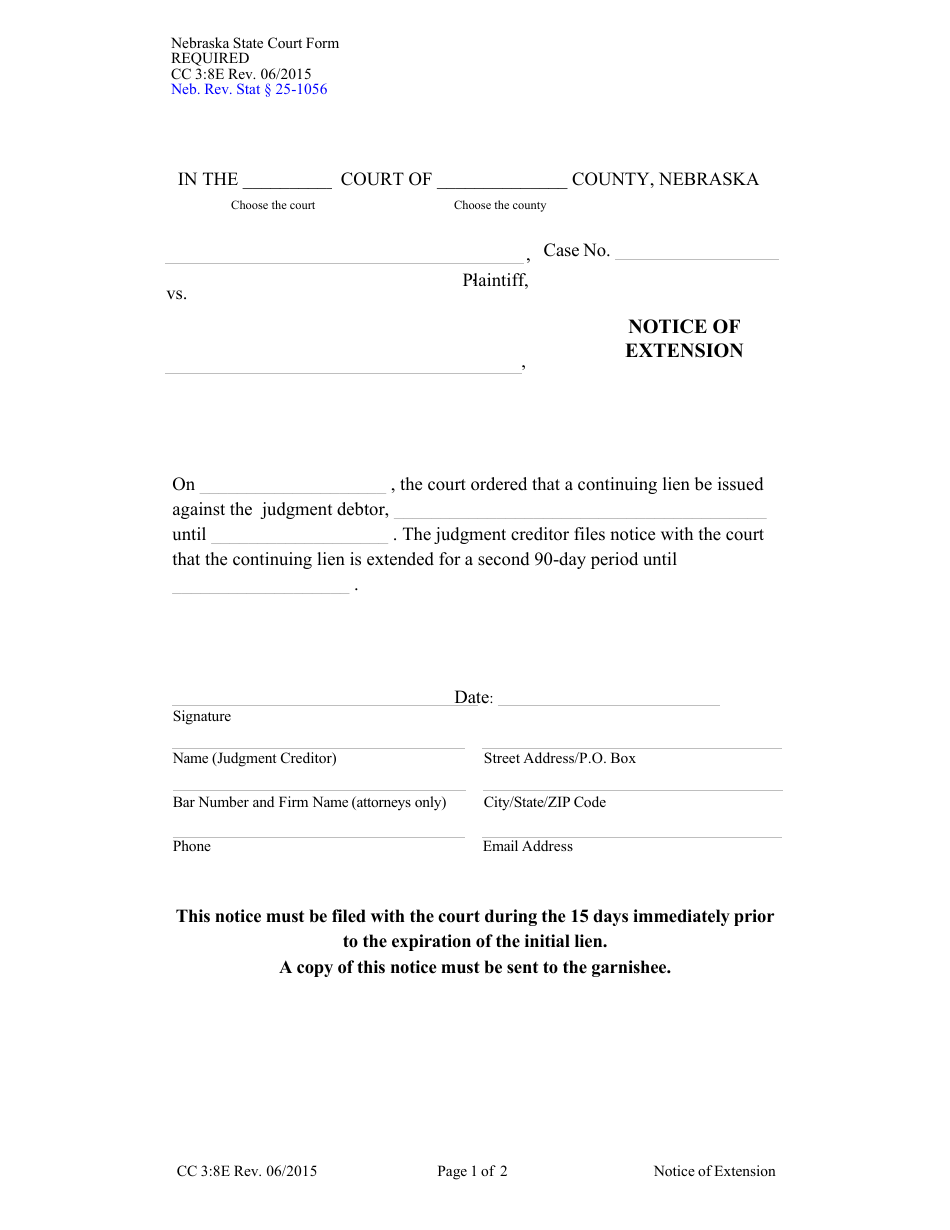 Form CC3:8E Notice of Extension - Nebraska, Page 1