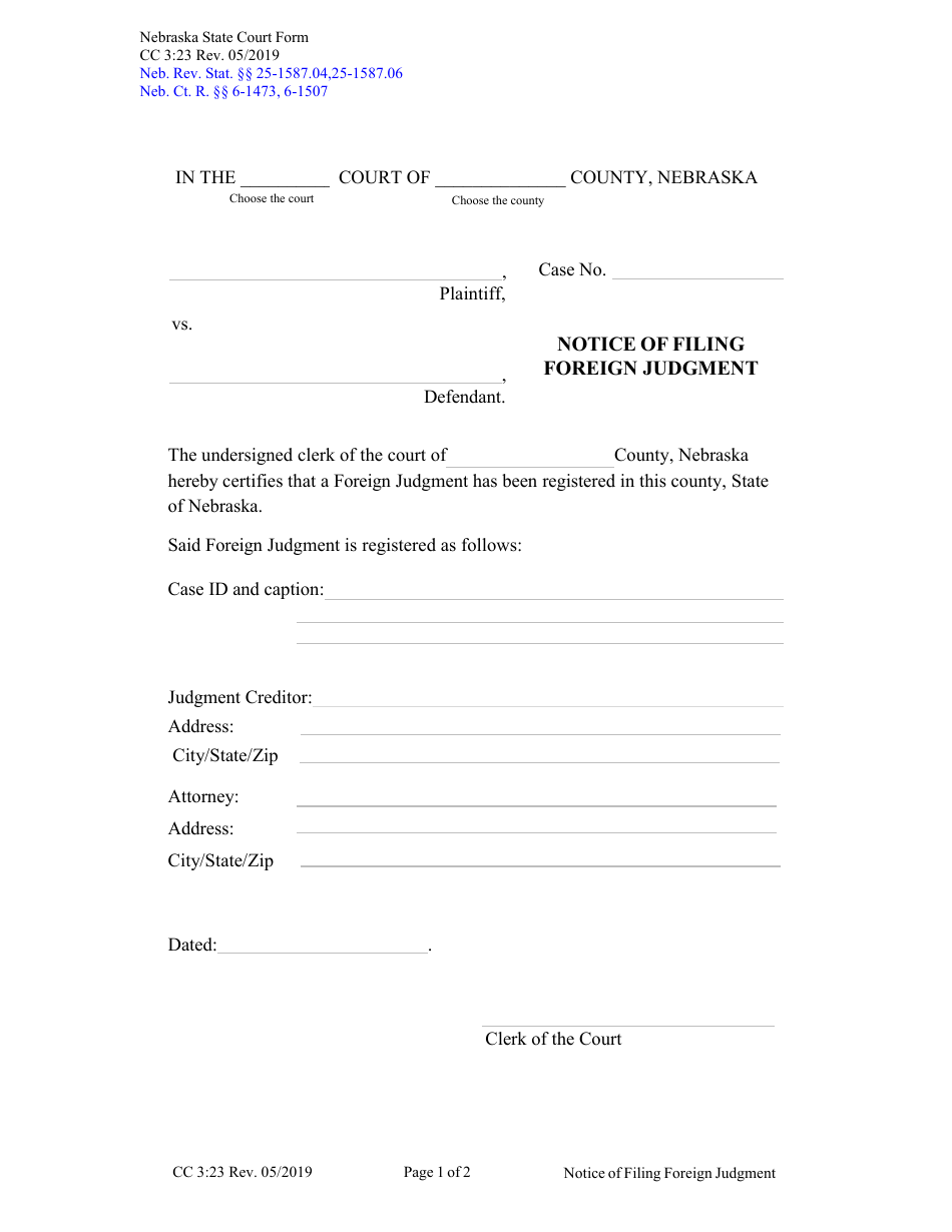 Form CC3:23 Notice of Filing Foreign Judgment - Nebraska, Page 1