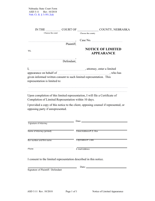Form ASD3:11 Notice of Limited Appearance - Nebraska