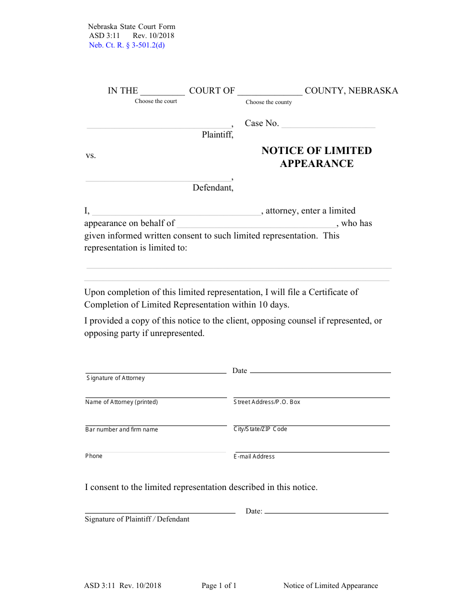 Form ASD3:11 Notice of Limited Appearance - Nebraska, Page 1