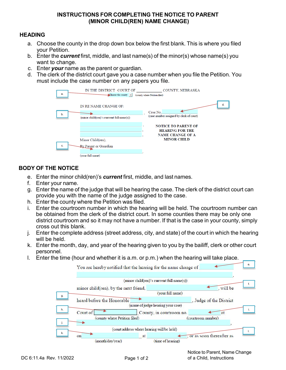 Instructions for Form DC6:11.4 Notice to Parent of Hearing for the Name Change of a Minor Child - Nebraska, Page 1