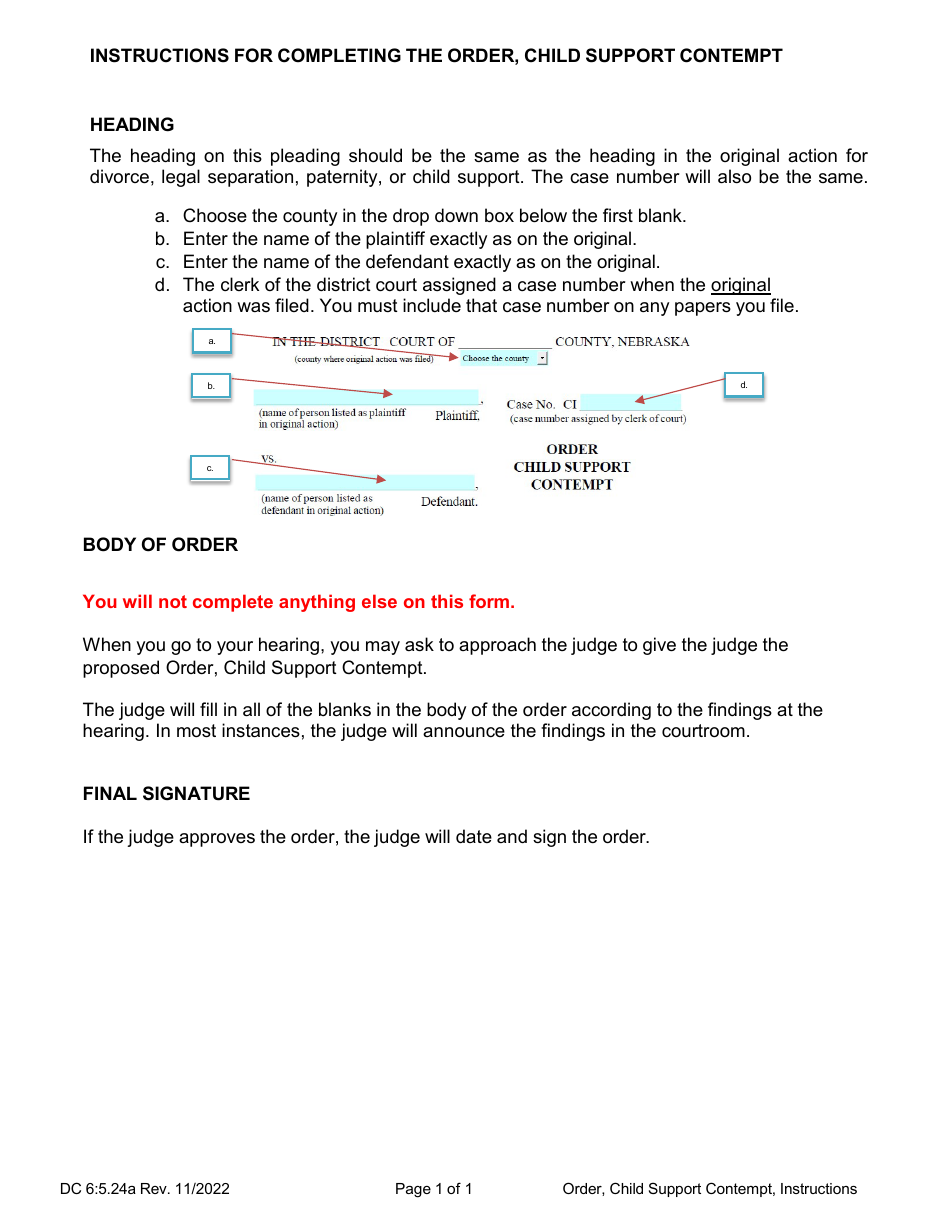 Instructions for Form DC6:5.24 Order - Child Support Contempt - Nebraska, Page 1